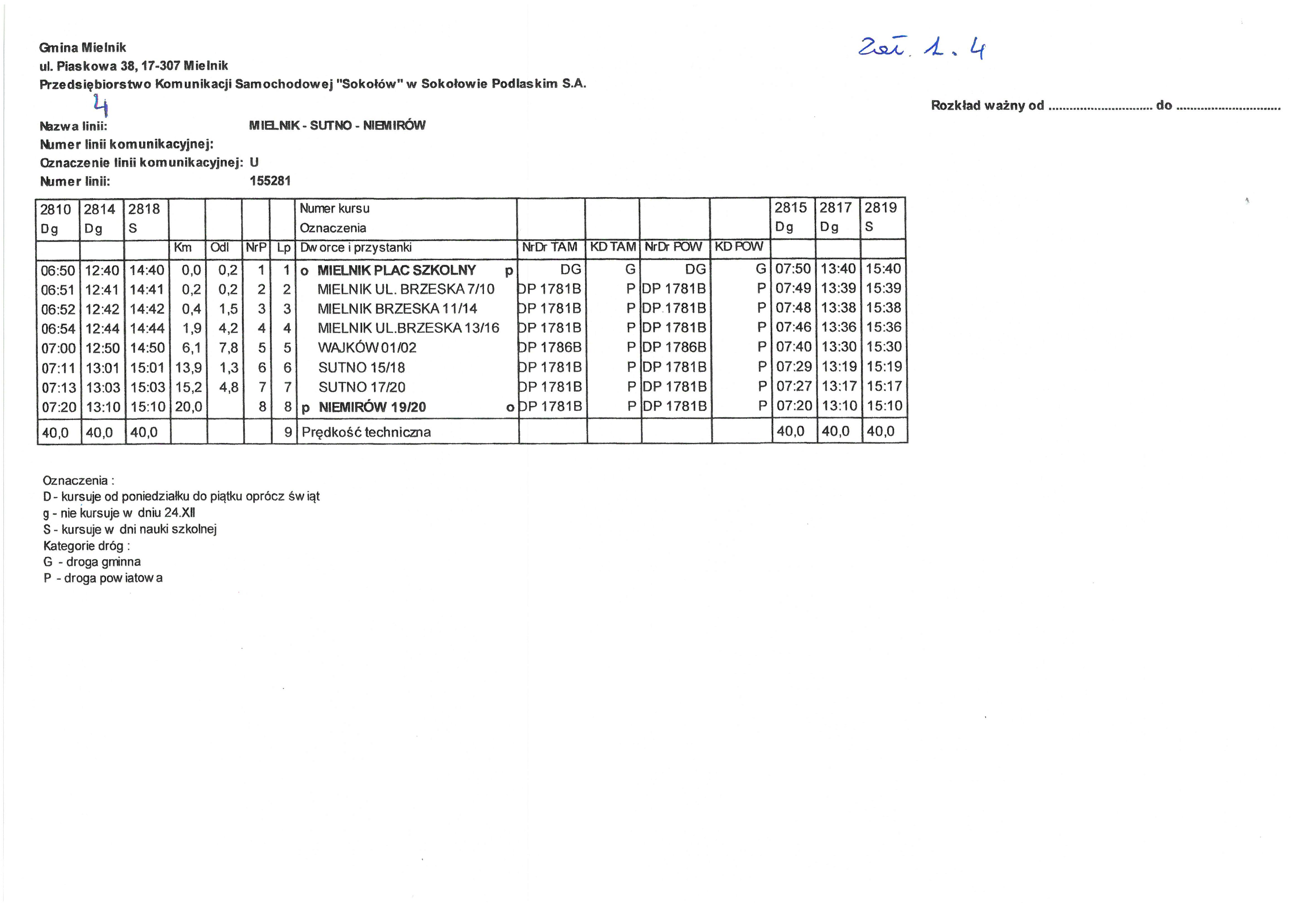 Rozkład jazdy autobus&oacute;w Trasa: Mielnik &ndash; Sutno &ndash; Niemir&oacute;w przez: Wajk&oacute;w