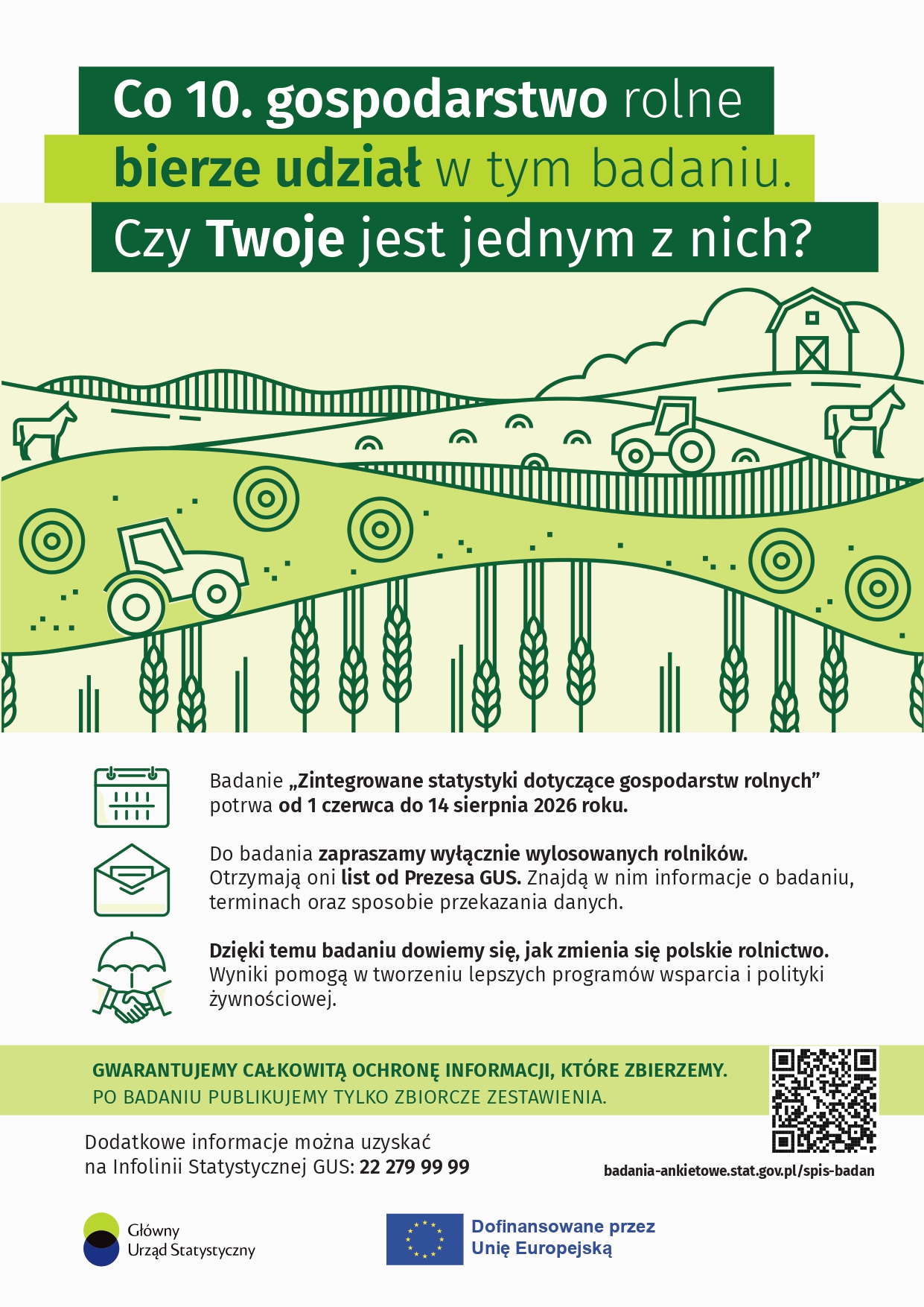 Plakat w&nbsp;zielono-białych barwach. U g&oacute;ry napis Co 10. gospodarstwo rolne bierze udział w&nbsp;tym badaniu. Czy Twoje jest jednym znich? Na środku kontury drzew, traktor&oacute;w i&nbsp;kłos&oacute;w. Na dole zielono-niebieskie logo oraz&nbsp;niebieska flaga z&nbsp;gwiazdami.