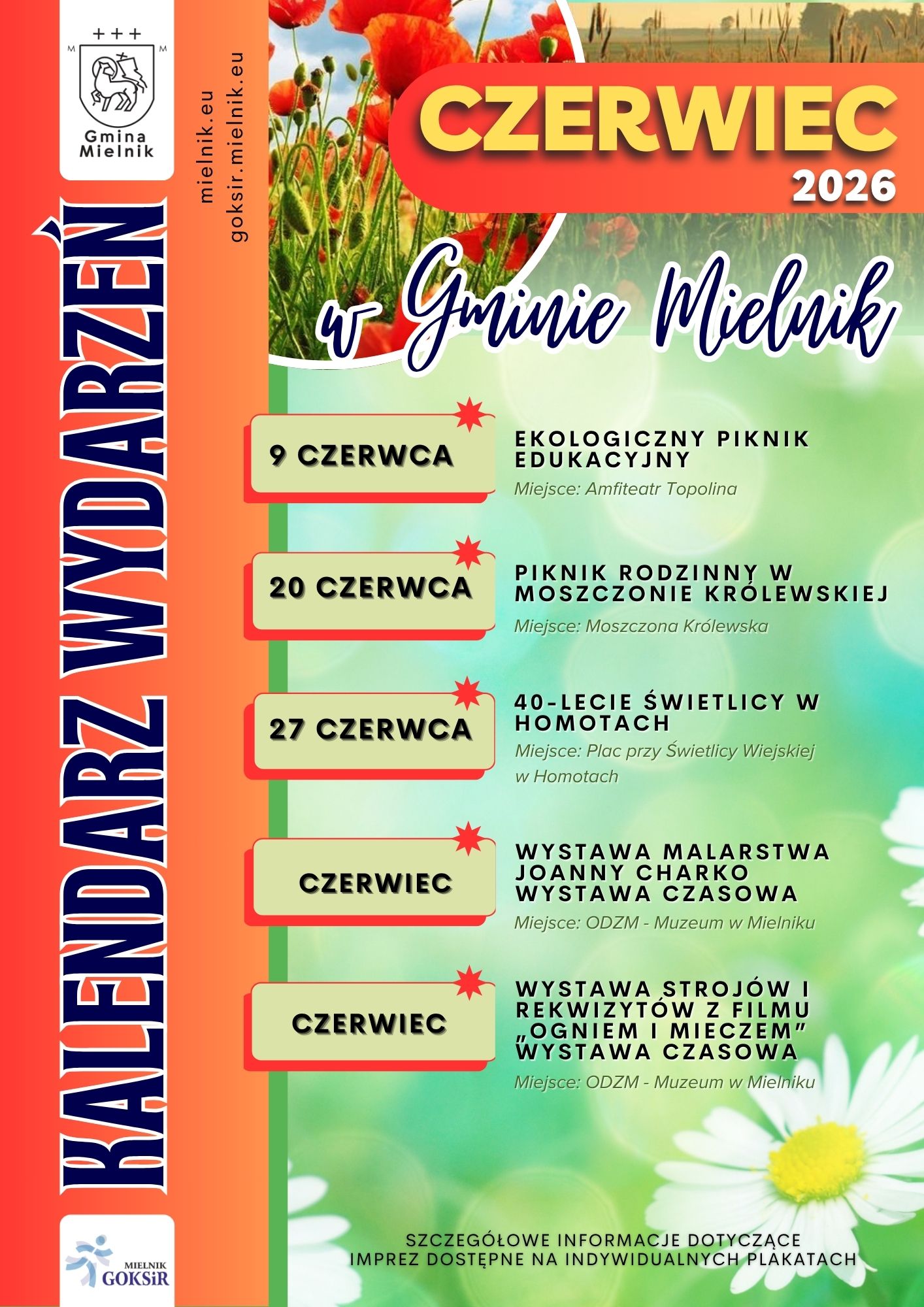 Plakat w&nbsp;pomarańczowo-zelonych barwach. U g&oacute;ry zdjęcie mak&oacute;w i&nbsp;ż&oacute;łty napis czerwiec.