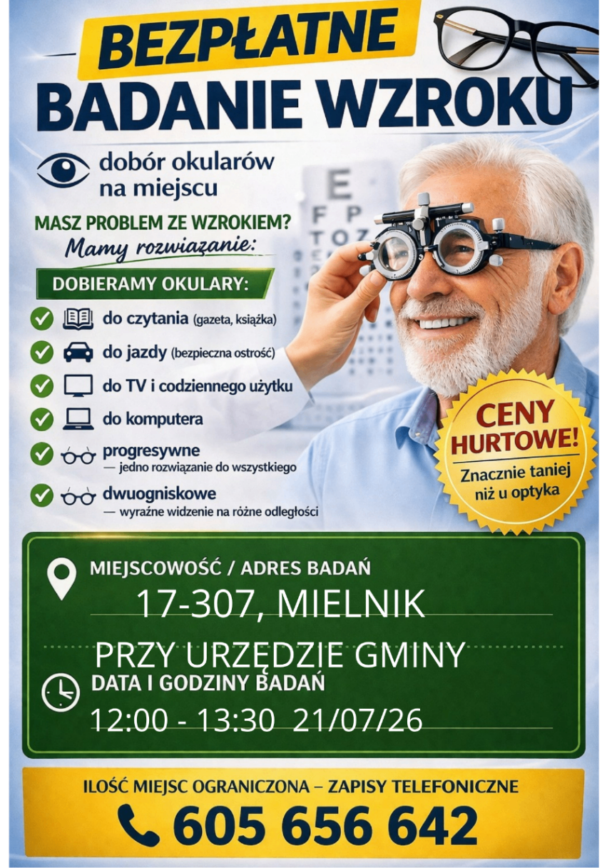 Plakat w&nbsp;błękitno-zielono-ż&oacute;łtych barwach. U g&oacute;ry granatowy napis Bezpłatne Badanie Wzroku. Po lewej mężczyzna podczas badania wzroku.