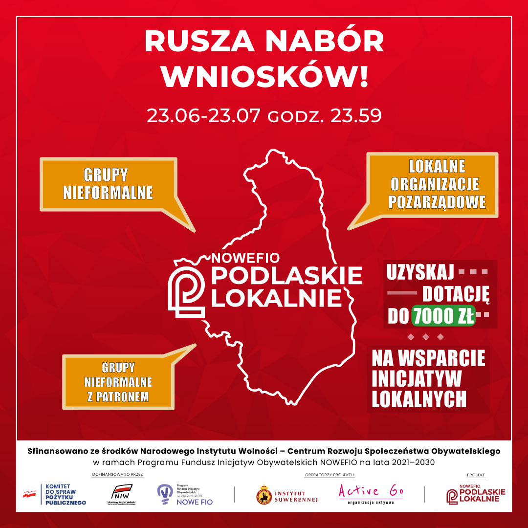 Czerwony plakat z&nbsp;białymi napisami.