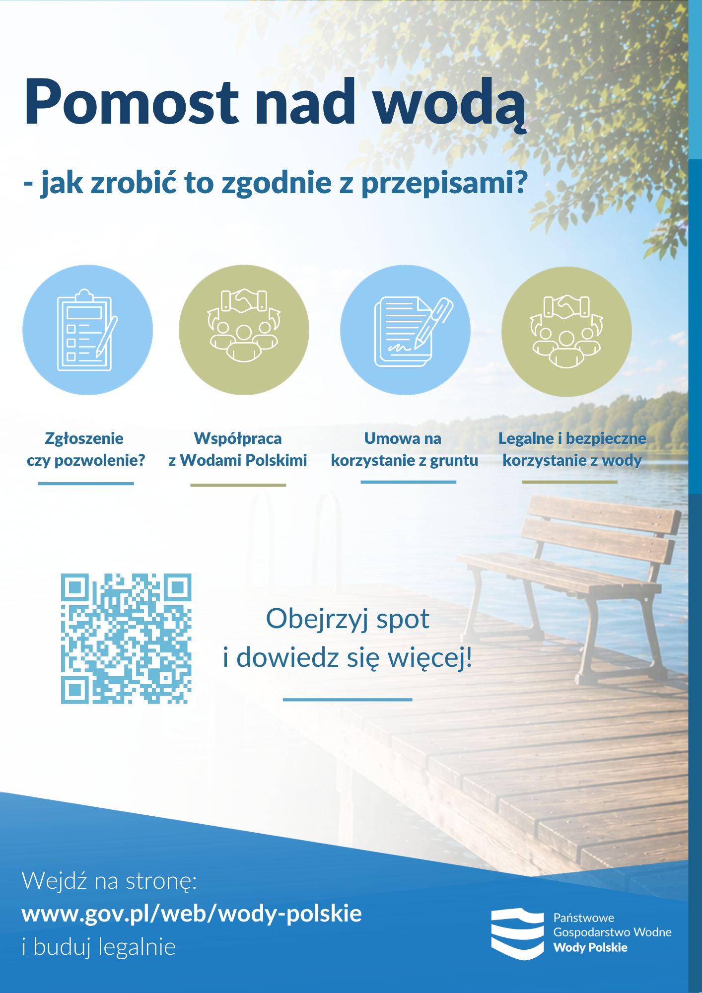 Plakat w&nbsp;biało-niebieskich barwach. Na g&oacute;rze granatowy napis Pomost nad wodą. 