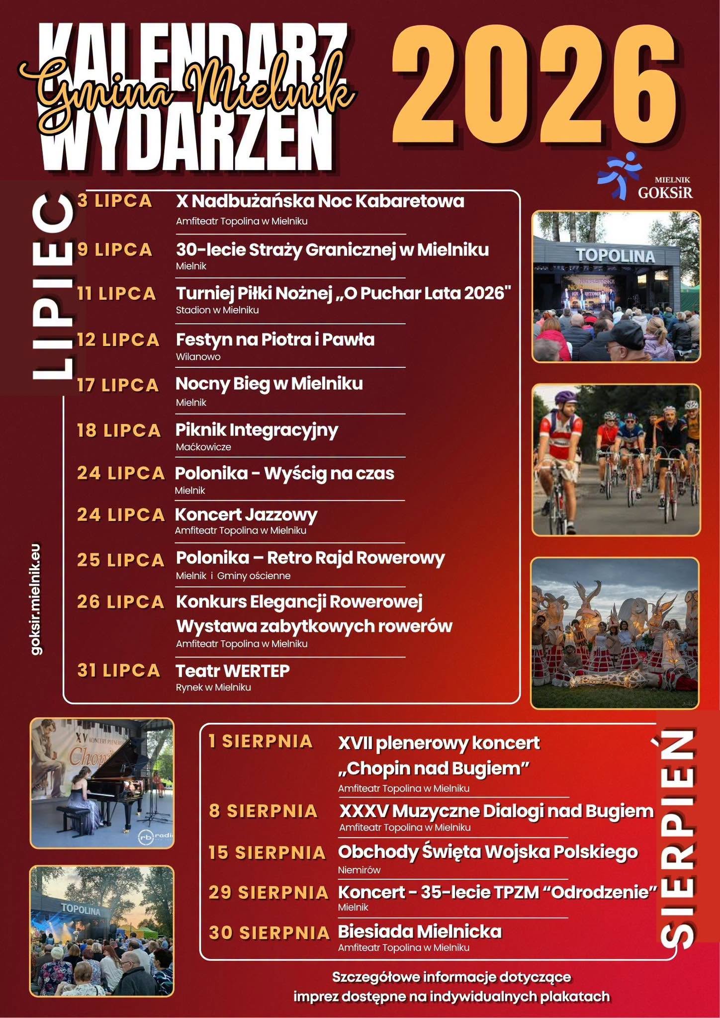 Bordowy plakat z&nbsp;pomarańczowymi i&nbsp;białymi napisami. U g&oacute;ry napis Kalendarz Wydarzeń Gmina Mielnik 2026.