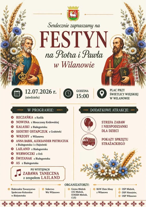 Plakat w&nbsp;beżowych barwach. U g&oacute;ry herb w&nbsp;czerwono-zielono-ż&oacute;łtych barwach. Niżej napis Festyn na&nbsp;Piotra i&nbsp;Pawła w&nbsp;Wilanowie.