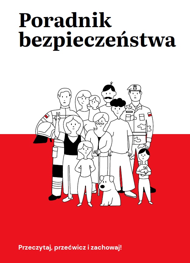 Biało-czerwony plakat z&nbsp;czarnym napisem Poradnik bezpieczeństwa i&nbsp;naszkicowaną grupą ludzi.