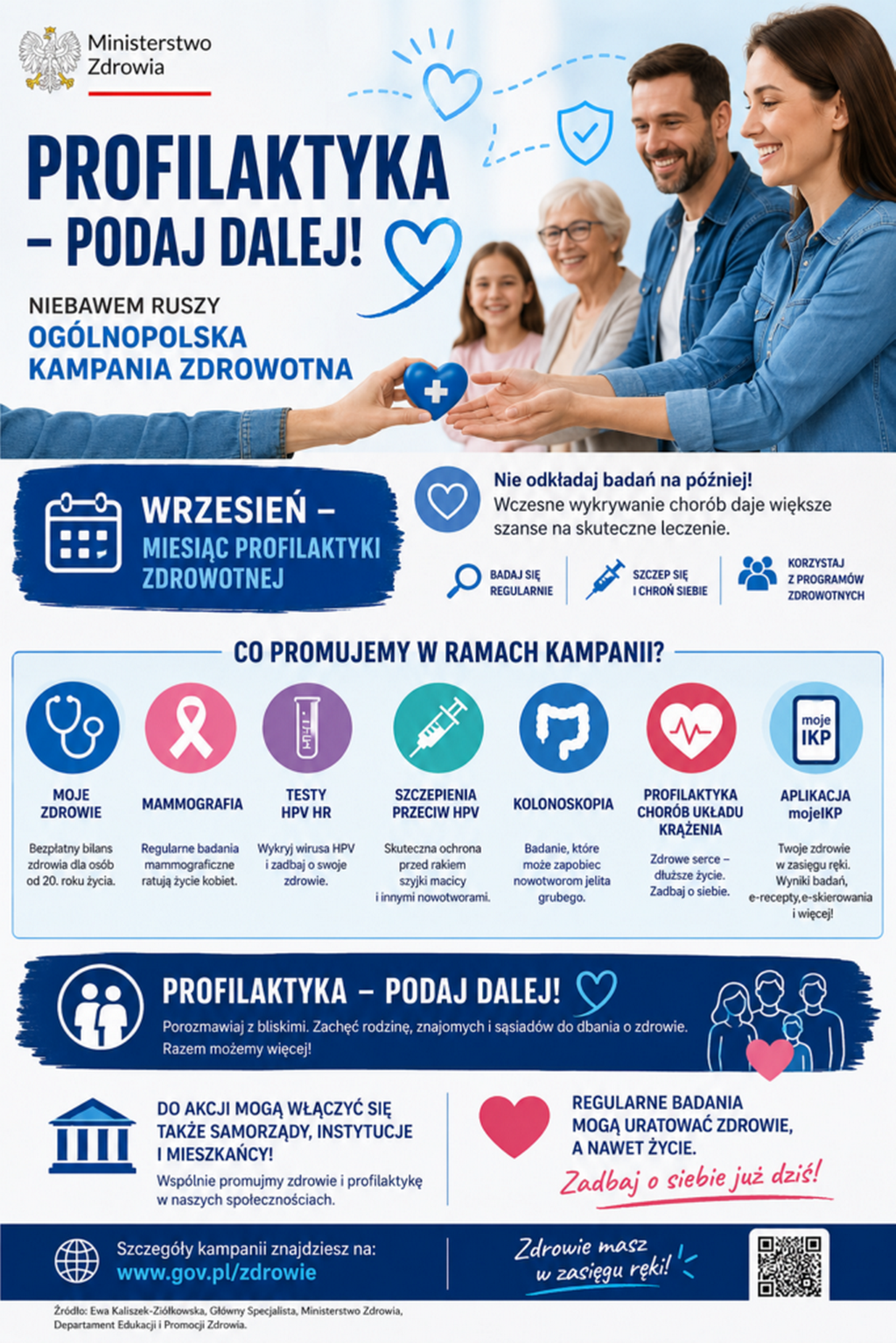 Plakat w&nbsp;biało niebieskich barwach. W lewym g&oacute;rnym rogu godło Polski, obok napis Ministerstwo Zdrowia. Pod spodem granatowy napis Profilaktyka - Podaj dalej. Po prawej stronie zdjęcie uśmiechniętych ludzi.