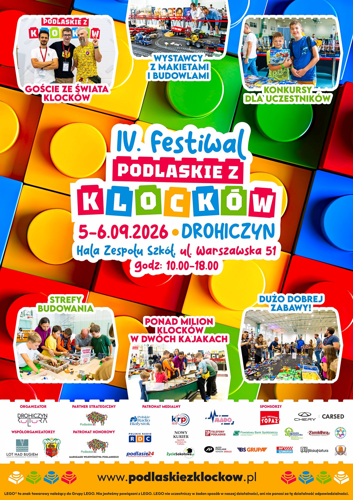 Kolorowy plakat. W tle klocki lego. Na środku napis IV festiwal, Podlaskie z&nbsp;klock&oacute;w.