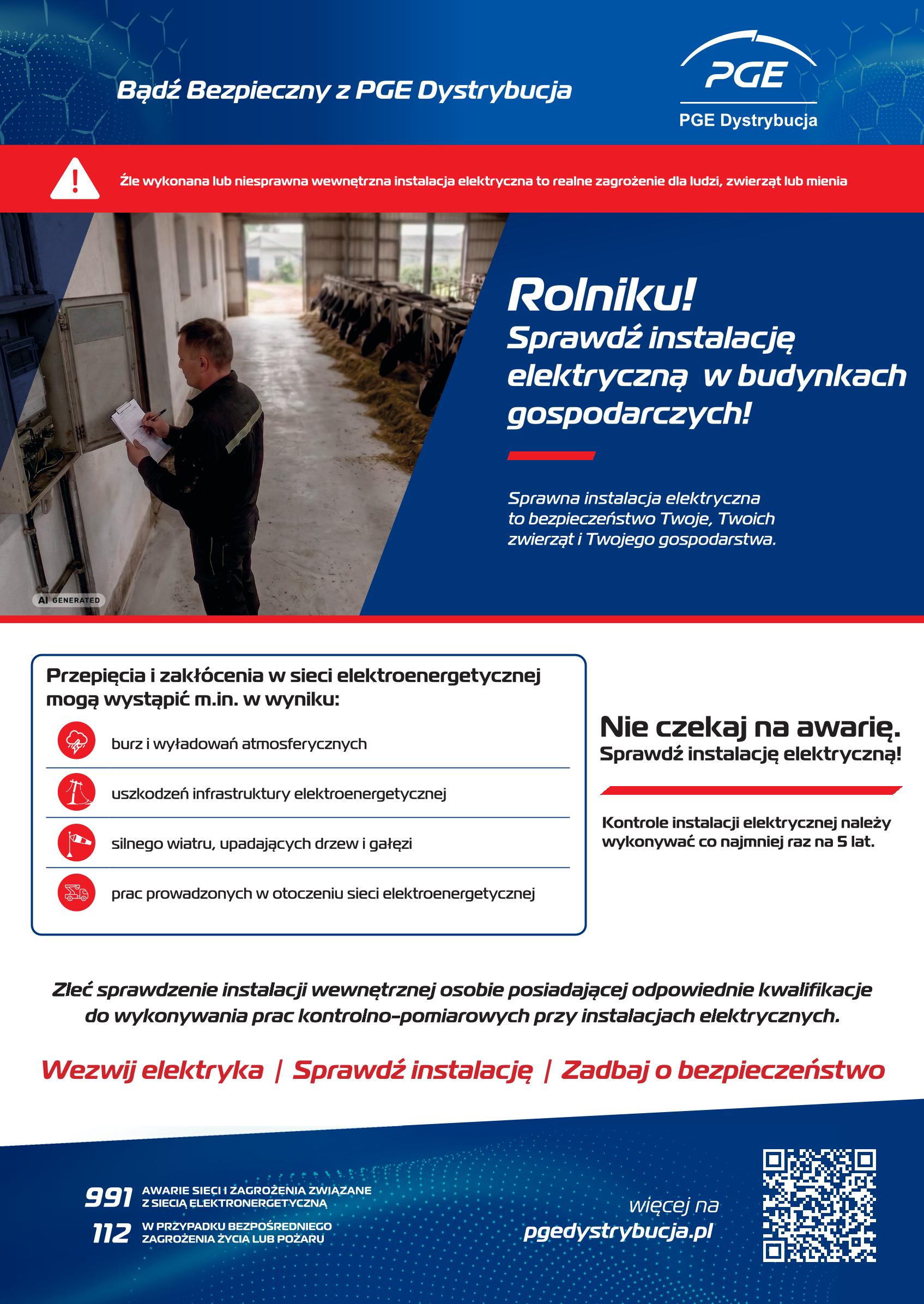 Plakat w&nbsp;granatowo-czerwonych barwach. U g&oacute;ry b iałe logo z&nbsp;napisem PGE Dystrybucja. Niżej zdjęcie instalacji elektrycznej w&nbsp;budynku gospodarczym. Obok biały napis na&nbsp;granatowym tle.