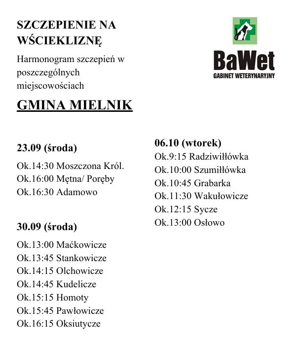 Biała kartka z&nbsp;napisem Szczepienie na&nbsp;Wściekliznę. W prawym g&oacute;rnym rogu zielono-biało-czarne logo z&nbsp;grafiką psa, kota i&nbsp;kr&oacute;lika. 