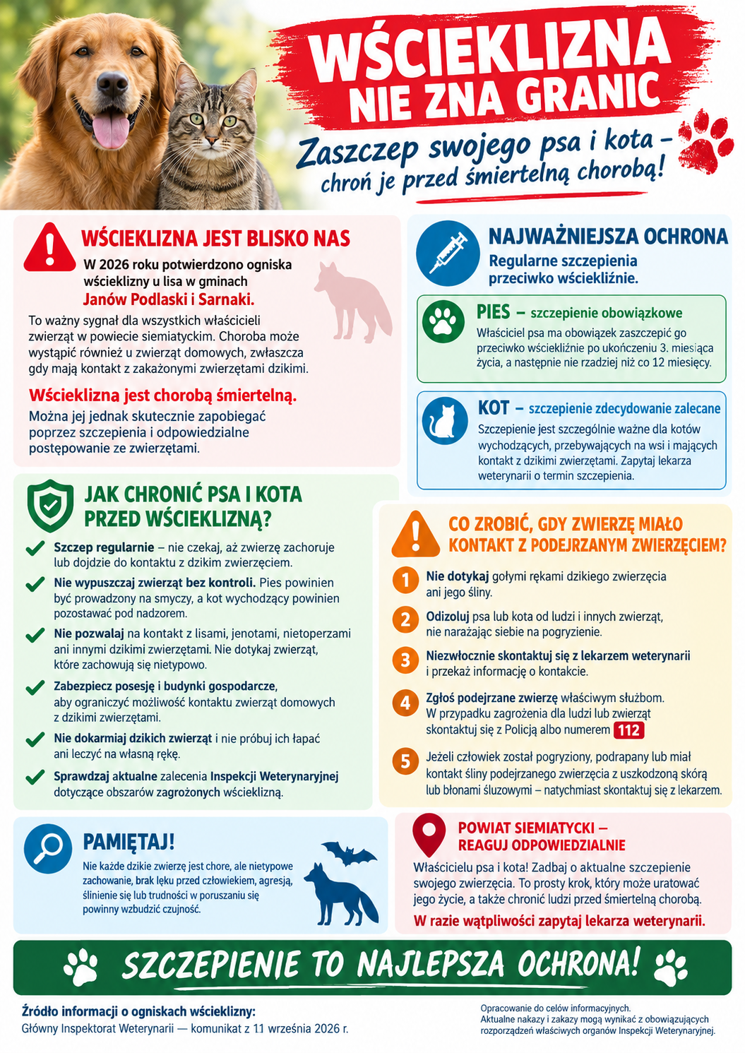 Plakat informacyjny. U g&oacute;ry biały napis na&nbsp;czerwonym tle Wścieklizna nie zna granic. Obok, po lewej stronie zdjęcie psa i&nbsp;kota. Na dole na&nbsp;zielonym tle biały napis Szczepienie to najlepsza ochrona. 