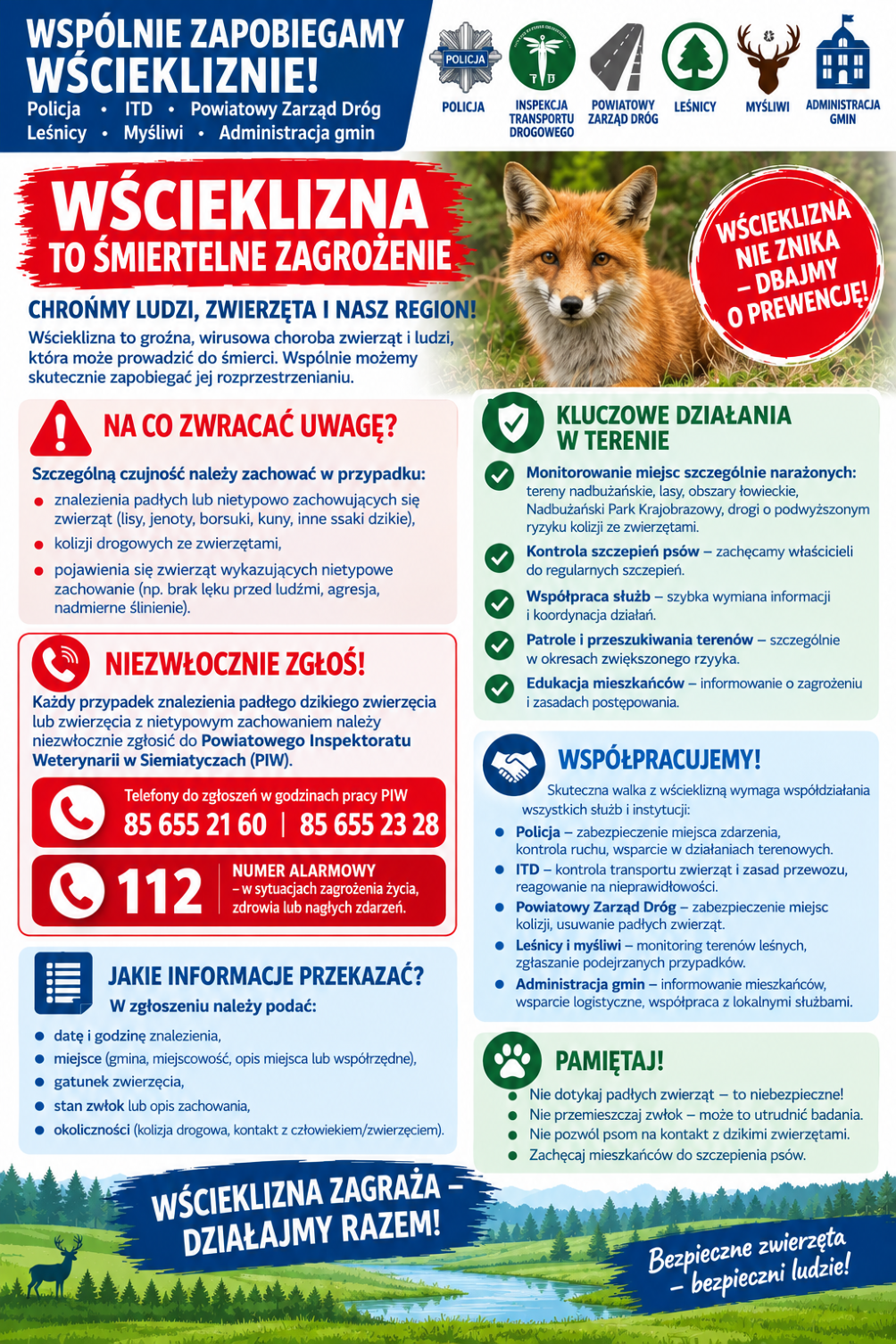 Plakat informacyjny. U g&oacute;ry napis Wsp&oacute;lnie zapobiegamy wściekliźnie. Niżej, po prawej stronie zdjęcie lisa. Po lewej stronie na&nbsp;czerwonym tle biały napis z&nbsp;numerem alarmowym 112. Na dole grafika las&oacute;w, łąk i&nbsp;rzeki.