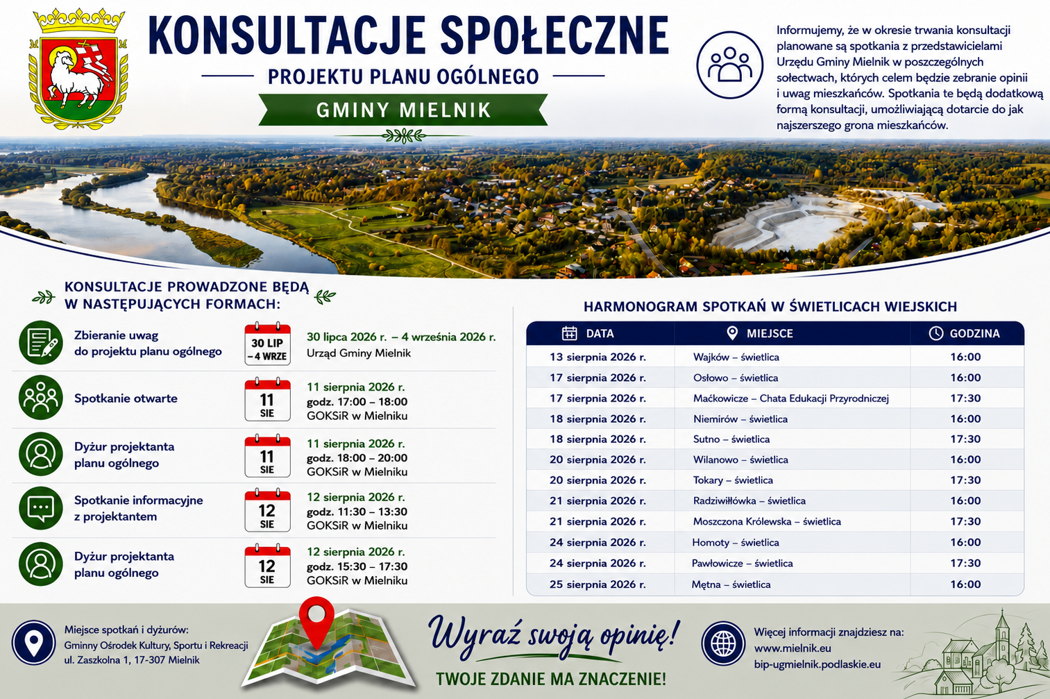 Plakat przdstawia tabelki i&nbsp;zdjęcie rzeki, teren&oacute;w zielonych oraz&nbsp;miejscowości.