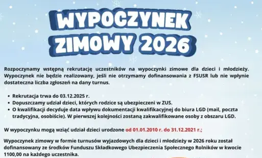 plakat informacyjny w niebieskich kolorach z napisem wypoczynek zimowy 2025