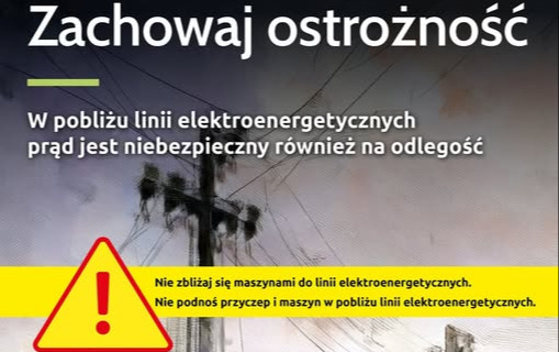 plakat z szarym tłem z napisem zachowaj ostrożność. Znajduje się słup energetyczny, a poniżej znak żólto czerwony ostrzegawczy