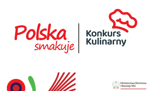 Plakat biało czarno czerwony z napisem Polska Smakuje inaczej i czarnym napisem Konkurs Kulinarny z czerwonym czepkiem kucharskim