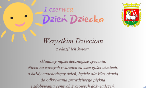Plakat w szarych odcieniach. W lewym górnym rogu słońce i fiolrtowo-pomarańczowy napis Dzień Dziecka. W prawym, górnym rogu czerwono-zielono-żółty herb.