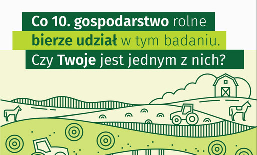 Plakat w zielono-białych barwach. U góry napis Co 10. gospodarstwo rolne bierze udział w tym badaniu. Czy Twoje jest jednym znich? Na dole kontury drzew, traktorów i kłosów.