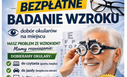 Plakat w błękitno-zielono-żółtych barwach. U góry granatowy napis Bezpłatne Badanie Wzroku. Po lewej mężczyzna podczas badania wzroku.