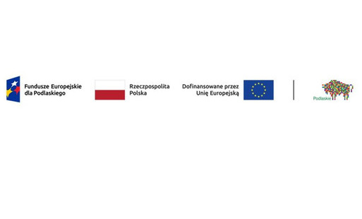 Na białym tle, od prawej logo z trzema gwiazdami na ciemnoniebieskim tle, obok biało-czerwona flaga,  następnie flaga z gwiazdami na ciemnoniebieskim tle. Po lewej kolorowe logo w kształcie żubra.