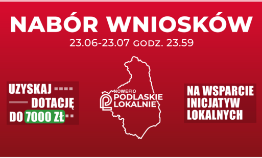 Czerwony plakat z białymi napisami i konturami województwa podlaskiego.