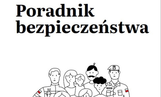 Biało-czerwony plakat z czarnym napisem Poradnik bezpieczeństwa i naszkicowaną grupą ludzi.