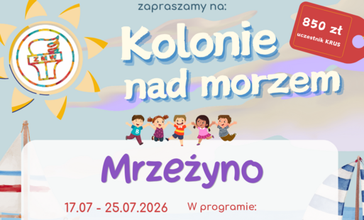 Plakat przedstawiający dzieci nad morzem. U góry biały napis Kolonie nad morzem. Po lewej u góry logo słońce, po prawej czerwona etykieta z białym napisem.