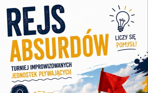 Plakat w biało-granatowych barwach. U góry napis Rejs Absurdów. Na środku zdjęcie kartonowej łódki na wodzie.