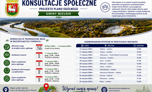 Plakat przedstawia zaproszenie na konsultacje społeczne projektu Planu Ogólnego Gminy Mielnik.