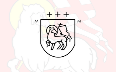 Czarny logotyp z barankiem na bladym czerwono-białym tle.