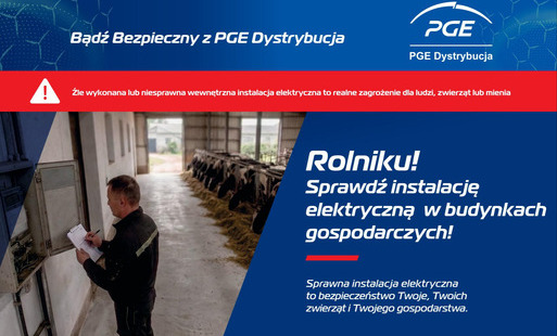 Plakat w granatowo-czerwonych barwach. U góry b iałe logo z napisem PGE Dystrybucja. Niżej zdjęcie instalacji elektrycznej w budynku gospodarczym. Obok biały napis na granatowym tle.