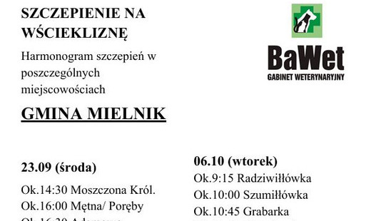 Biała kartka z napisem Szczepienie na Wściekliznę. W prawym górnym rogu zielono-biało-czarne logo z grafiką psa, kota i królika. 
