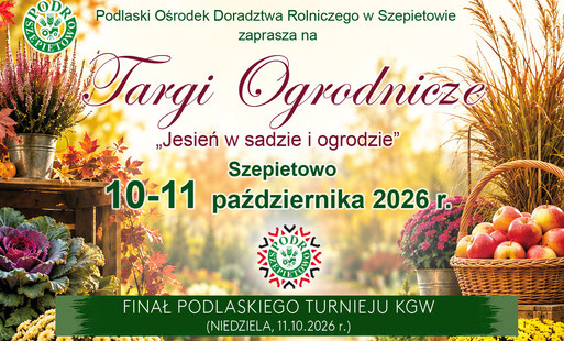 Plakat w biało-pomarańczowych barwach. Na środku napis Targi Ogrodnicze "Jesień w sadzie i ogrodzie". Niżej zielony napis Szepioetowo 10-11 października 2026 r. Po bokach grafika jesiennych liści, wrzosów i kwiatów.