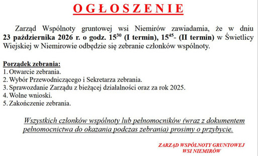 Na białym tle, czerwony napis Ogłoszenie. Niżej, czarnymi literami tekst ogłoszenia. Na dole czerwony podpis Zarząd Wspólnoty Gruntowej Wsi Niemirów.