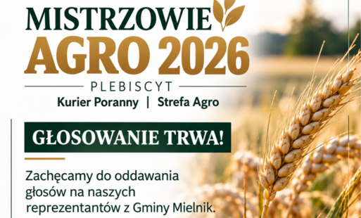 Plakat. Na białym tle Napis Mistrzowie Agro 2026. Niżej na zielonym tle, biały napis Głosowanie Trwa! Po prawej stronie zdjęcie kłosów.