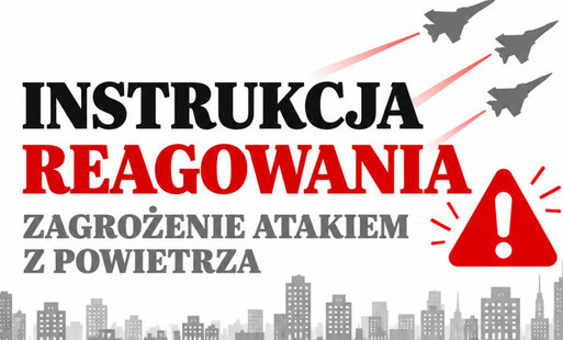 Plakat. Na biały tle czarny napis Instrukcja. Niżej, czerwony napis Reagowania. Niżej, szary napis Zagrożenie Atakiem z Powietrza. W prawym górnym rogu grafika trzech szarych samolotów bojowych. Niżej, obok napisów, po prawej stronie czerwony trójkąt z białym znakiem zaqpytania. Na dole plakatu, szara grafika budynków miejkskich.