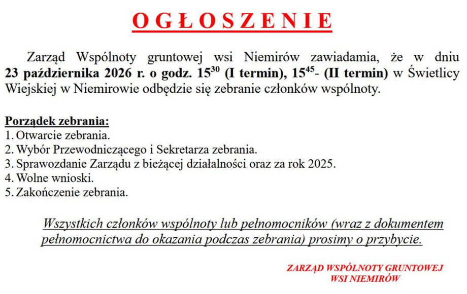Zebranie Członków Wspólnoty Gruntowej wsi Niemirów
